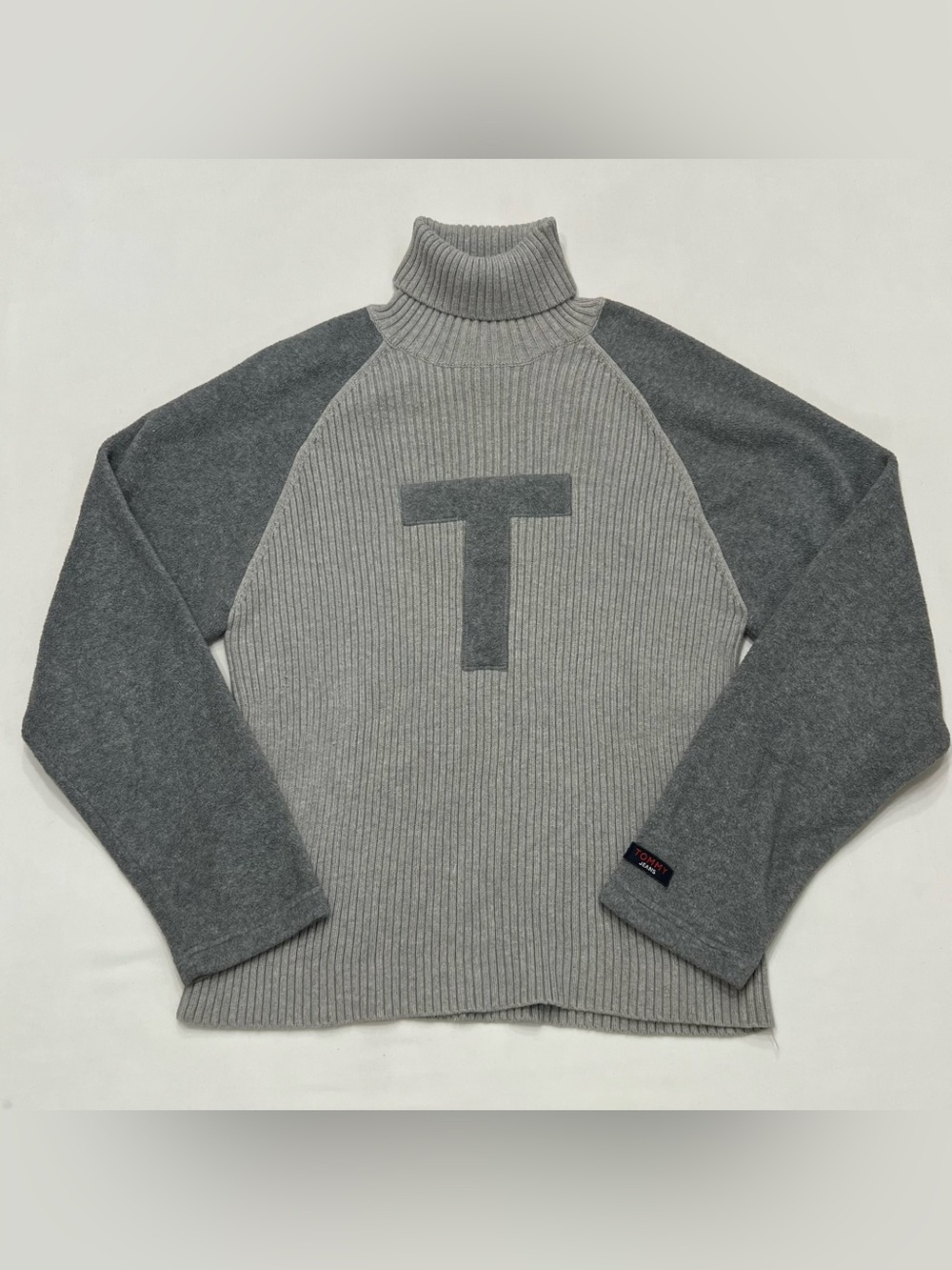 Vintage 90s Tommy Jeans Fleece Ribbed Knit Turtleneck Sweater Sz L Logo Patch